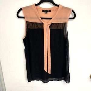 Forever 21 Blouse Sleeveless Tie Neck Sheer Black Peach Top‎ Size L